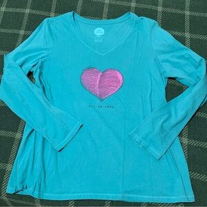 Life is Good Teal Long Sleeve Shirt with Pink Heart